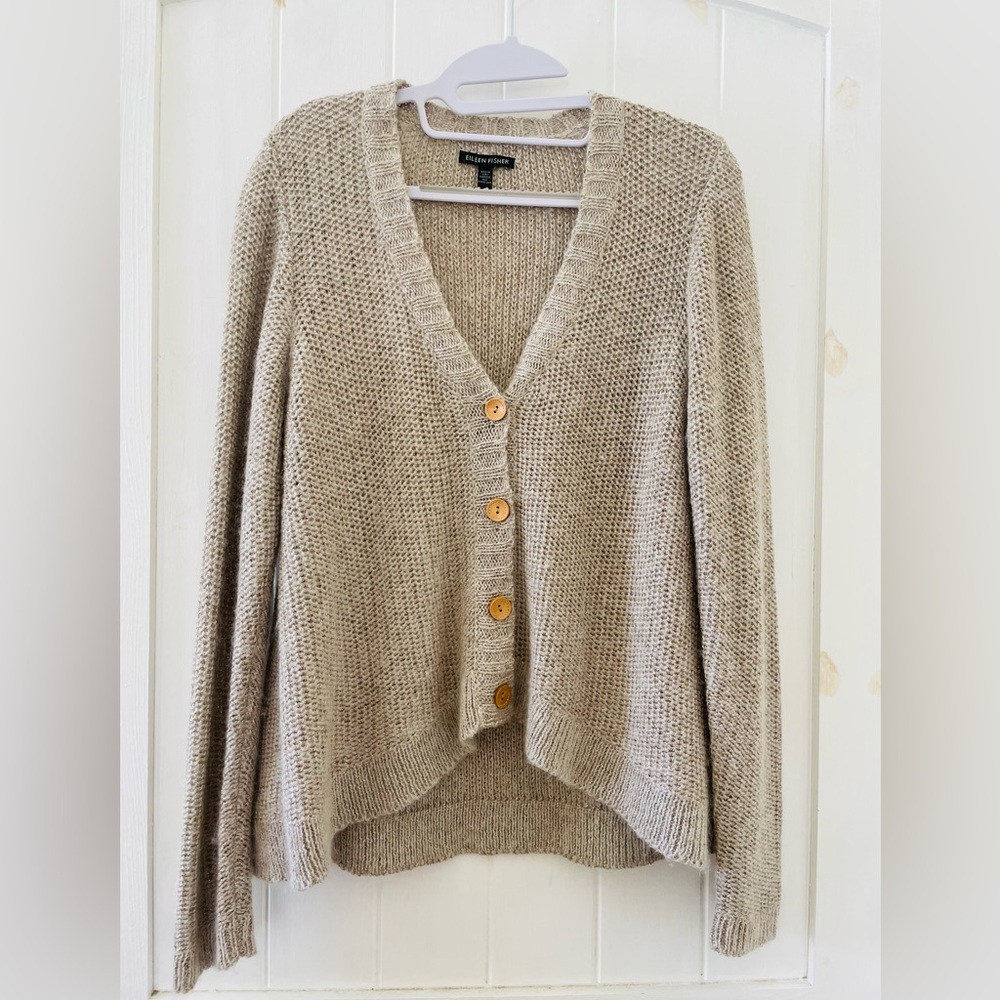 Eileen Fisher V-Neck Beige Viscose Alpaca Mohair Cozy Cardigan Sweater Size M